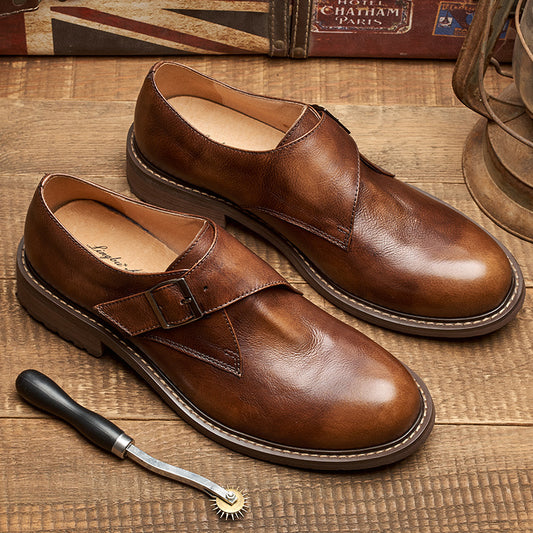 Men's Buckle Genuine England Style First Layer Cowhide Slip-on Leather Shoes