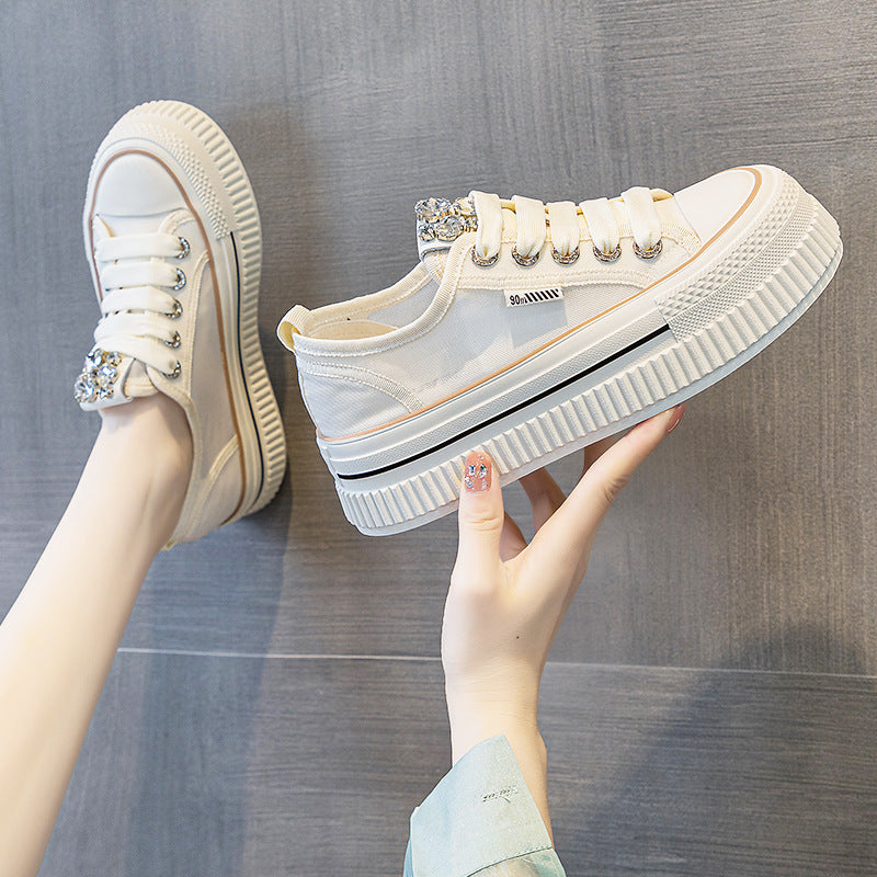 Women's White Platform Summer Versatile Mesh Leisure Rhinestone Women's Sports Shoes
