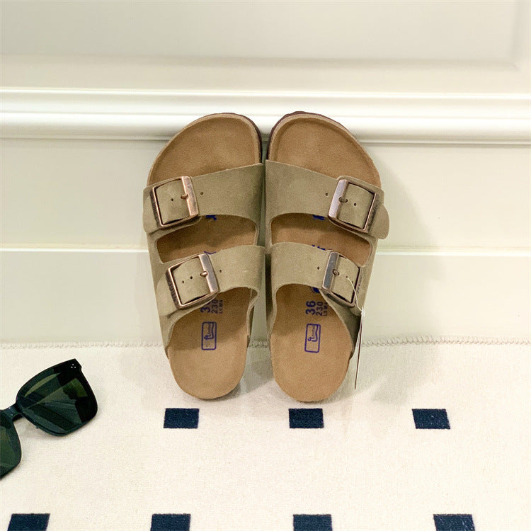 Women's & Men's Summer Cowhide Cork Two-word Platform Outerwear Slippers