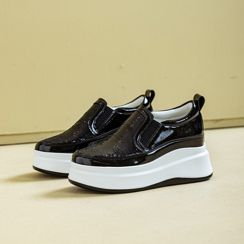 Women's Inner Height Increasing Thick-soled Sequined White Casual Shoes