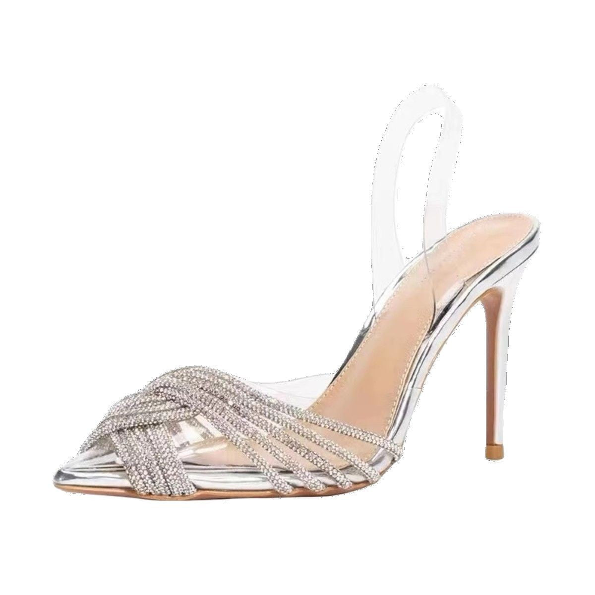 Women's Pointed Toe Transparent Rhinestone High One-word Heels