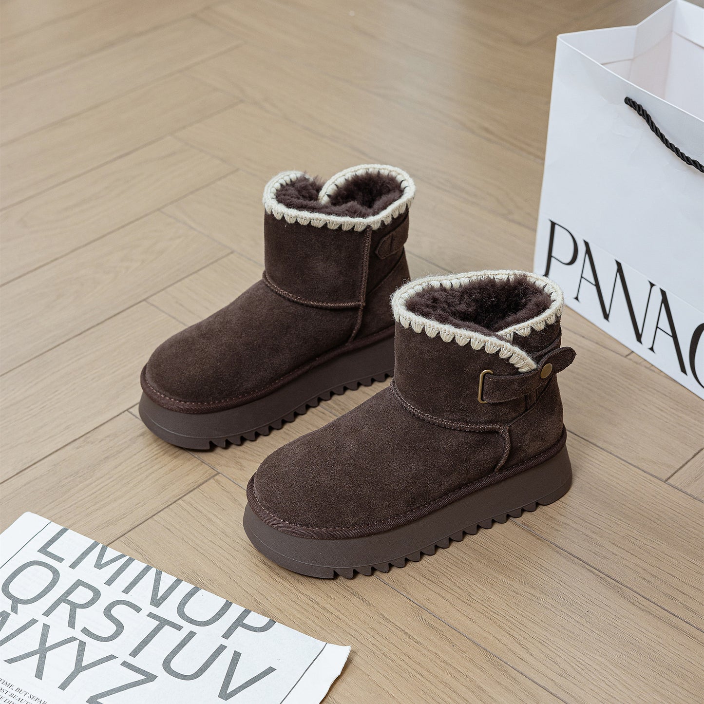 Women's Fur Winter Thick Bottom Warm Short Tube Woven Belt Snow Boots