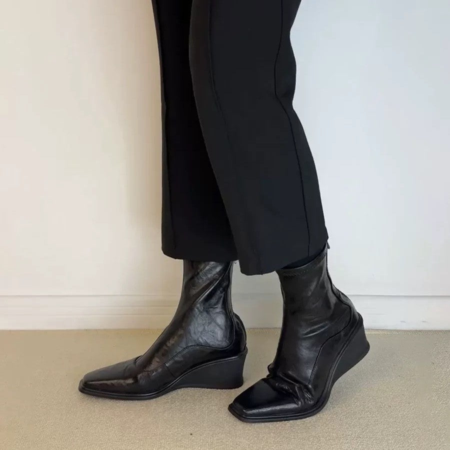 Platform Wedge Square Toe Stretch Thin Boots