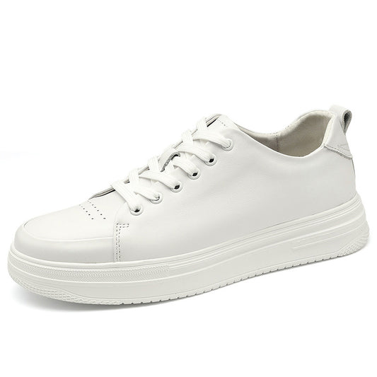 Women's & Men's Height Increasing Board Couple White Cowhide Sneakers