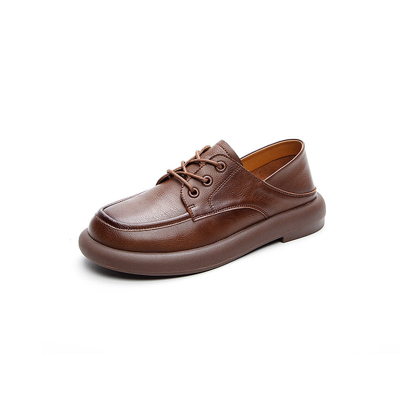 Women's Handmade Retro Pumps Genuine Flat Round Casual Shoes