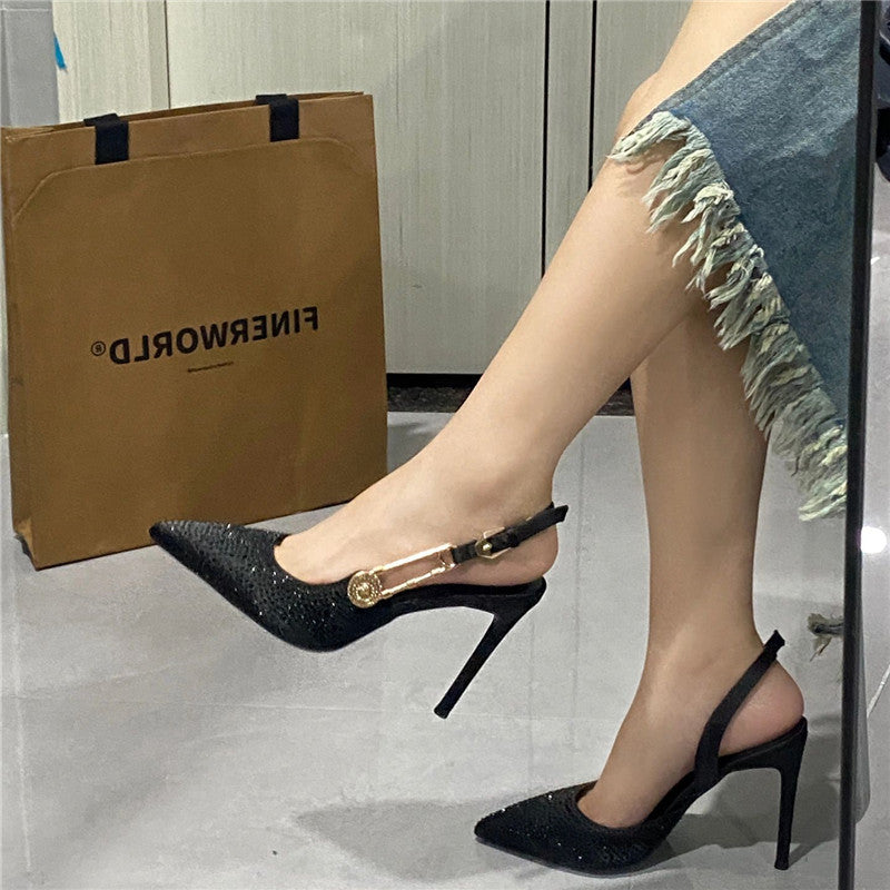 Women's Summer Pointed Toe Black Crystal Pin Badge High Heels