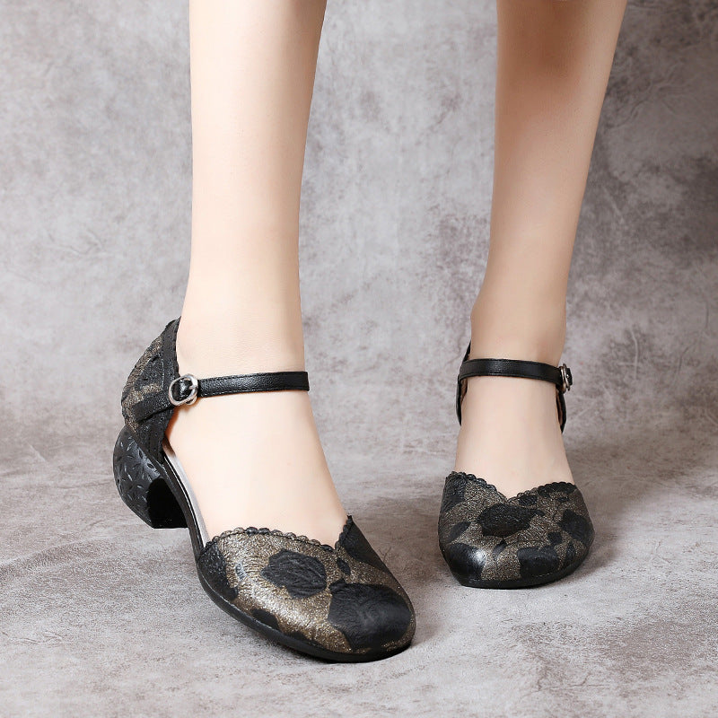 Women's First Layer Cowhide Thick Mid Multicolor Heels