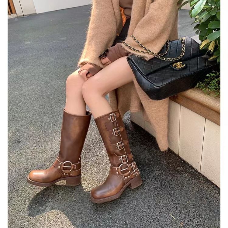 Women's Round Toe Belt Buckle Chunky Western Boots
