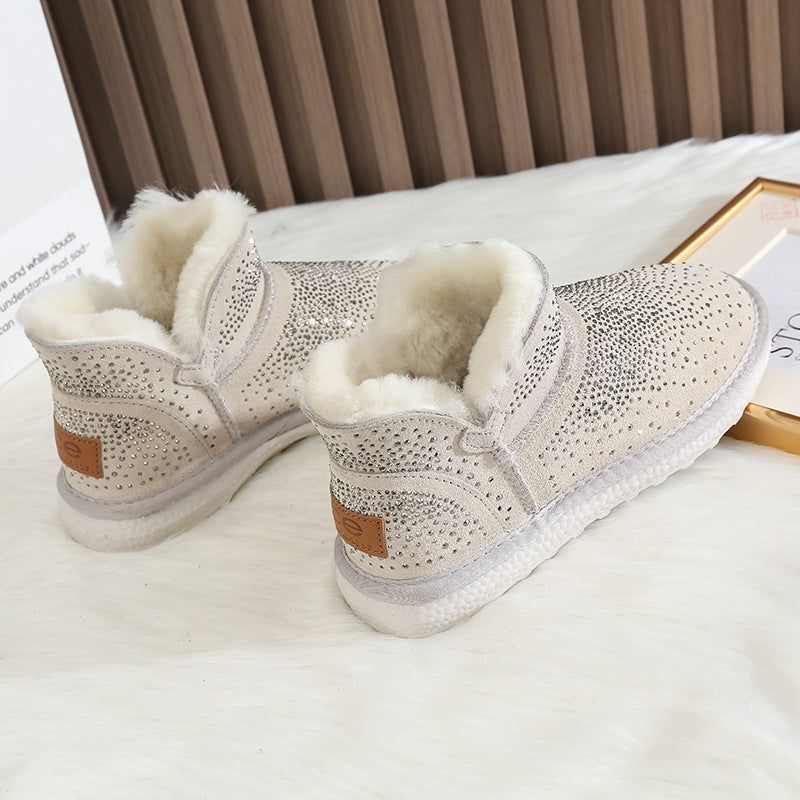 Women's Fleece-lined Thickened Winter Cotton Warm Rhinestone Snow Boots
