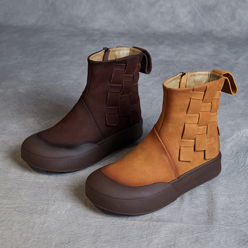 Women's Cowhide Woven Short Soft Bottom Vintage Boots