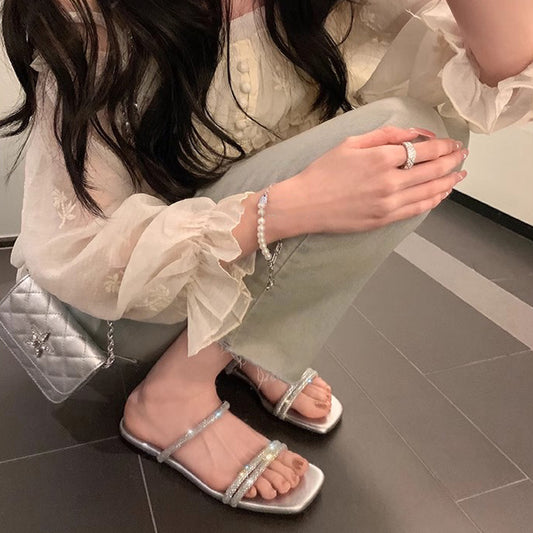 Women's Sier Broken Flash Square Toe Rhinestone Flat Sandals