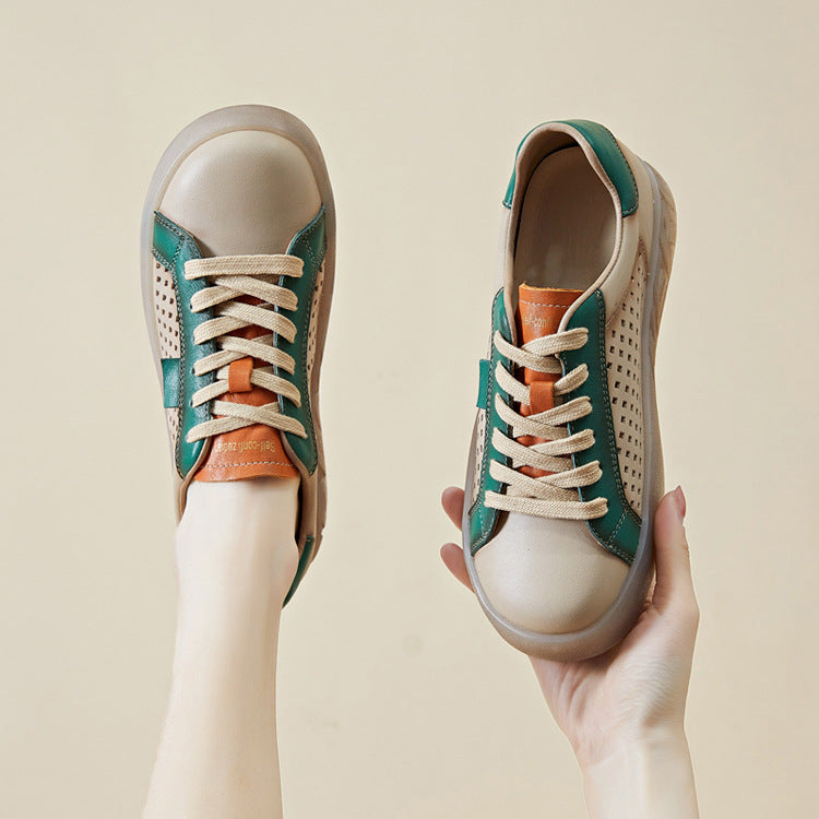 Women's Genuine Flat Hollowed Tendon Bottom Retro Breathable Soft Sneakers