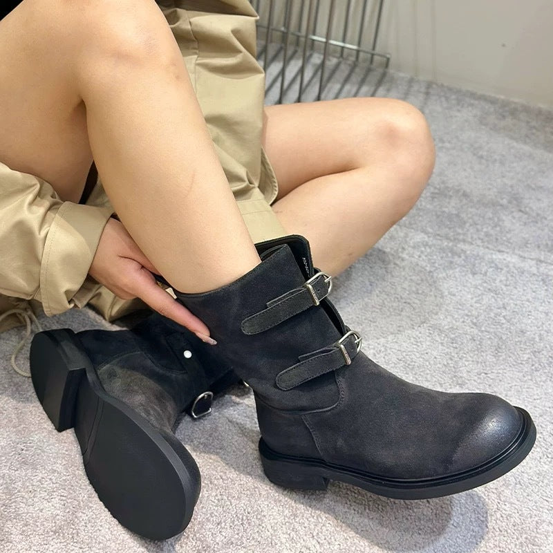 Women's Toe Belt Buckle Martin Chunky Western Boots