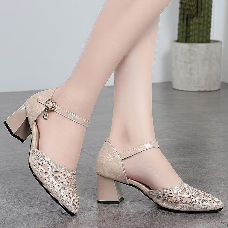 Women's Summer Mesh Thick Toe Box Hollow Heels