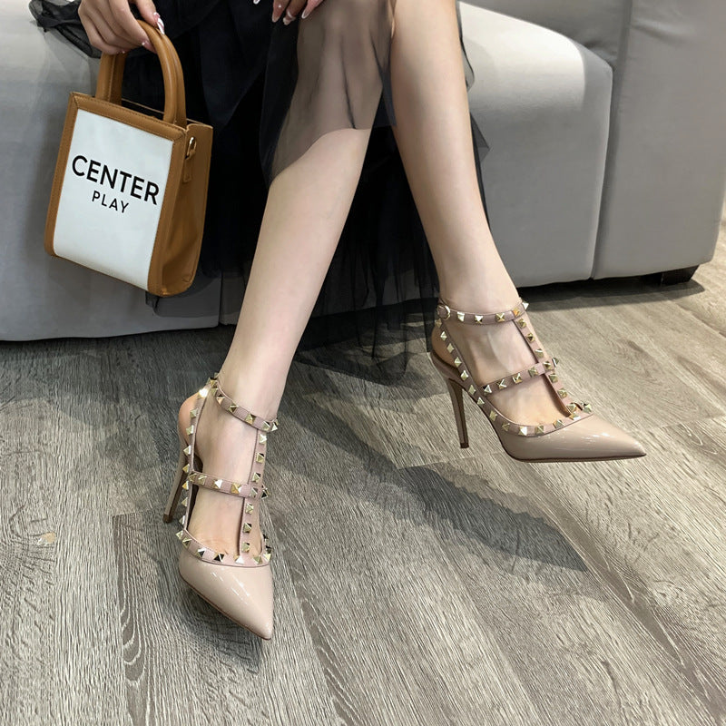 Women's High Rivet Pointed Toe Patent Stiletto Heels