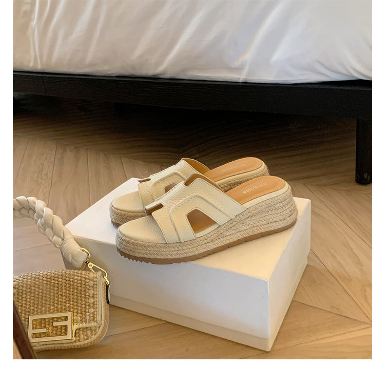 Women's Cowhide Version Rausch Straw Platform High Slippers