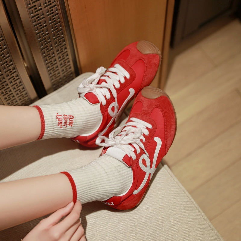 Women's Cowhide Wang Height Increasing Insole Head Tilt Lace Up White Women's Sports Shoes