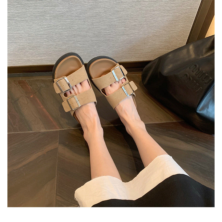 Women's Holiday Vintage Genuine Platform Double Buckle With Slippers