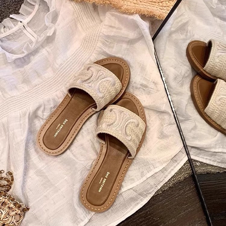 Women's Flat Strap Embroidered Roman Outdoor Seaside Slippers
