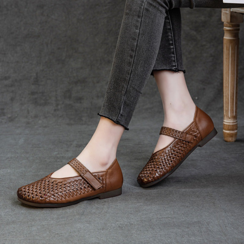 Women's Handmade Retro Hollow First Layer Cowhide Flat Bottom Casual Shoes