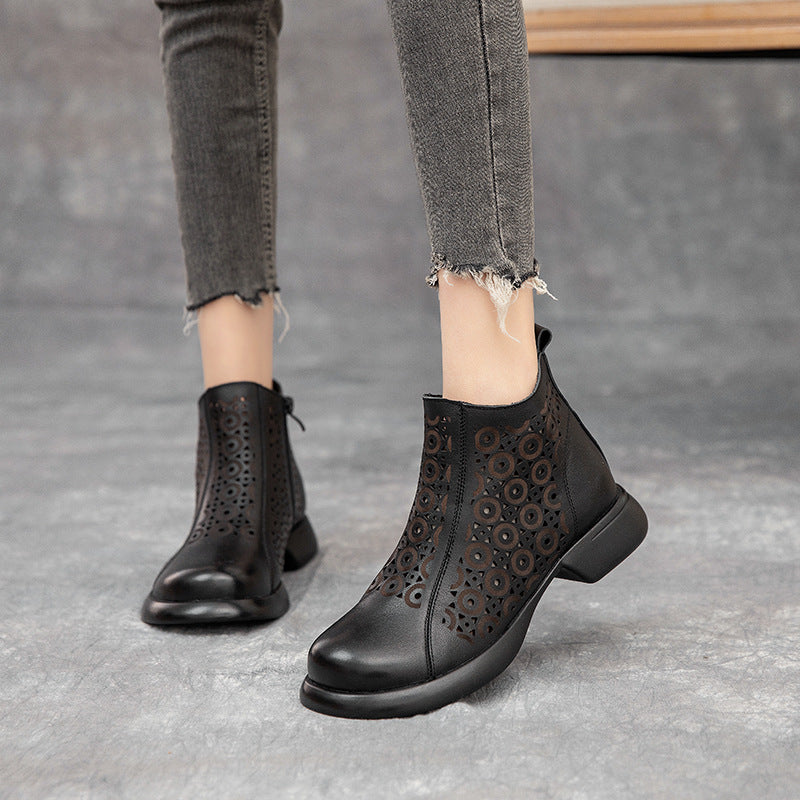 Women's Cowhide Soft Bottom Chunky Hollow Retro Heels