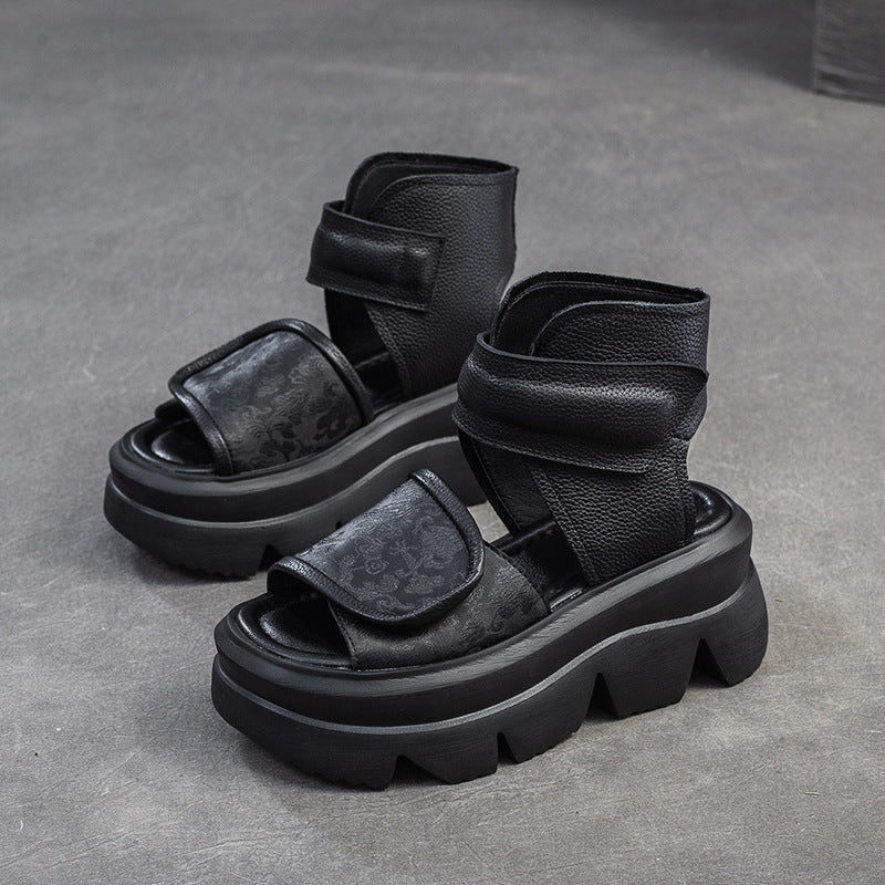 Women's Cowhide Summer Platform Hollow Breathable National Style Fish Sandals
