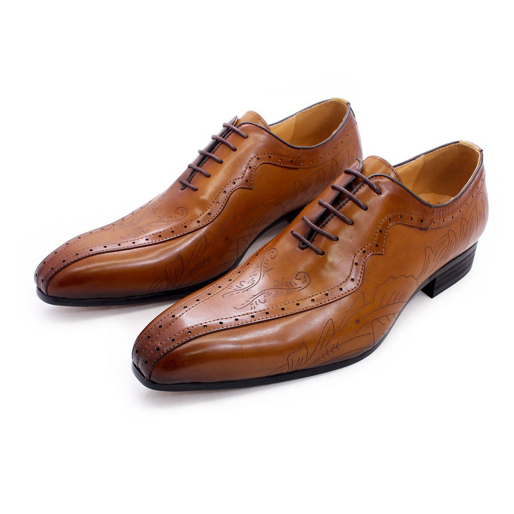 Men's Pointed Business Carved Brown Oxford Leather Shoes
