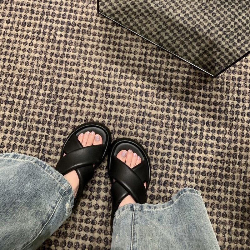 Women's Sheepskin Version Thick Bottom Cross Buckle Strap Sandals