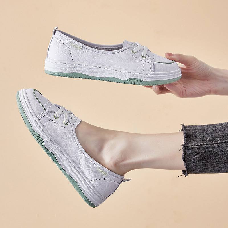 Women's Summer First Layer Cowhide White Flat Leisure Versatile Women's Casual Shoes