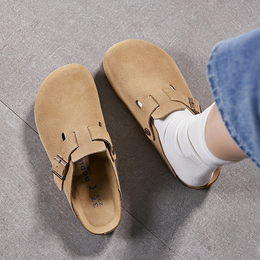 Women's & Men's Cork Sole Flat Cowhide Fishing Leisure Slippers