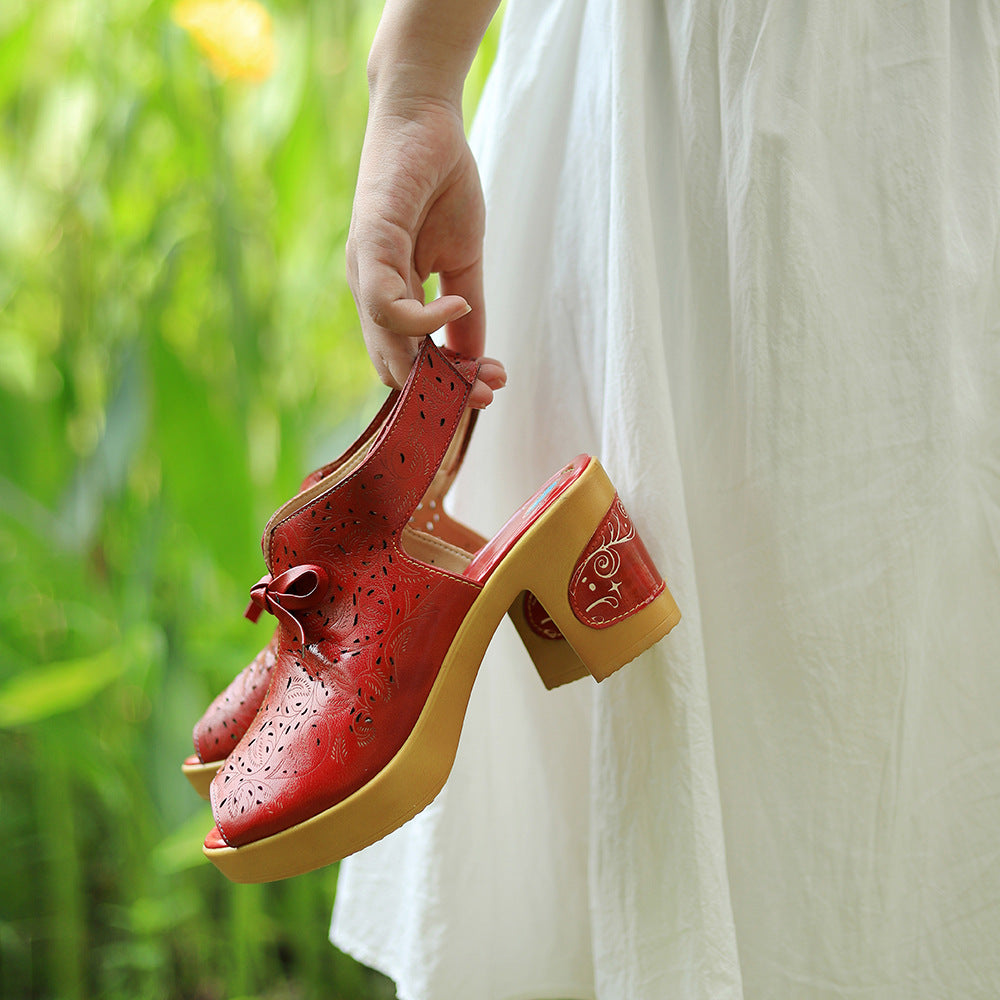 Genuine Hand-rub Color Retro Hollow Comfort Heels