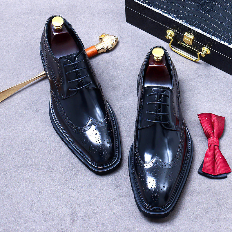 Men's Formal Wear Cowhide Platform Handmade Derby Glossy Breathable Leather Shoes