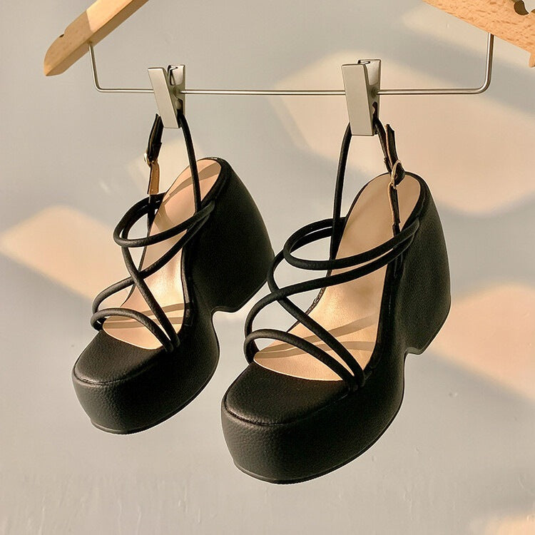 Round Toe Thin Strap Open Platform Sandals