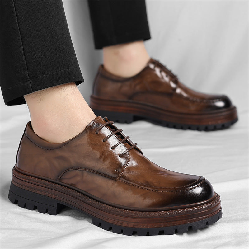 Men's Fashionable With Grip Pattern Formal Wear British Breathable Round Men's Business Leather Shoes