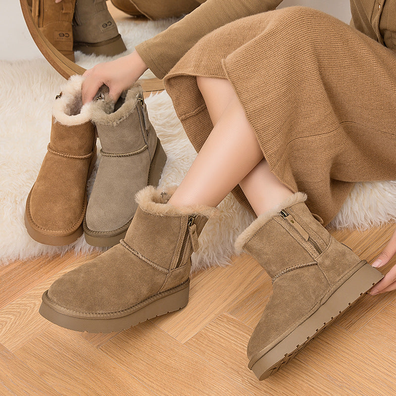 Women's Fur Integrated Zipper For Winter Fleece-lined Snow Boots