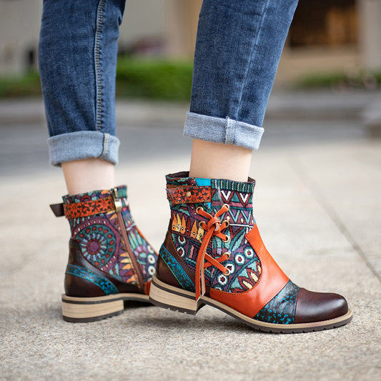 Women's Retro Printed Jacquard Side Zipper Flat Boots