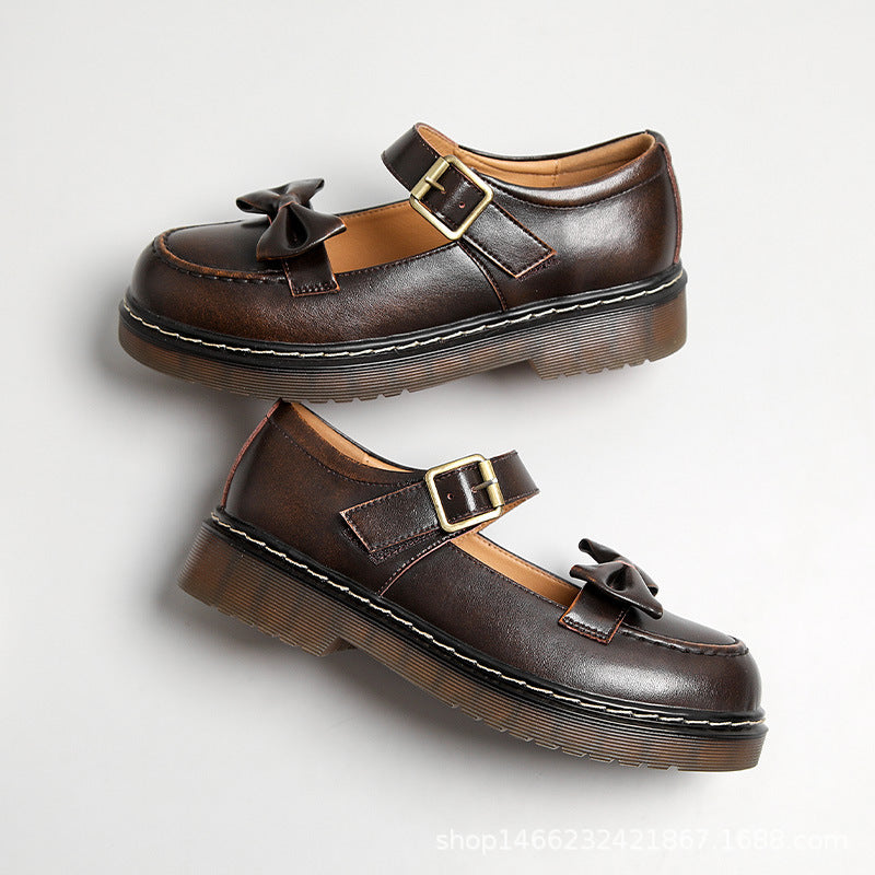 Women's Spring Flat Bowknot Mary Jane Preppy Style Leather Shoes