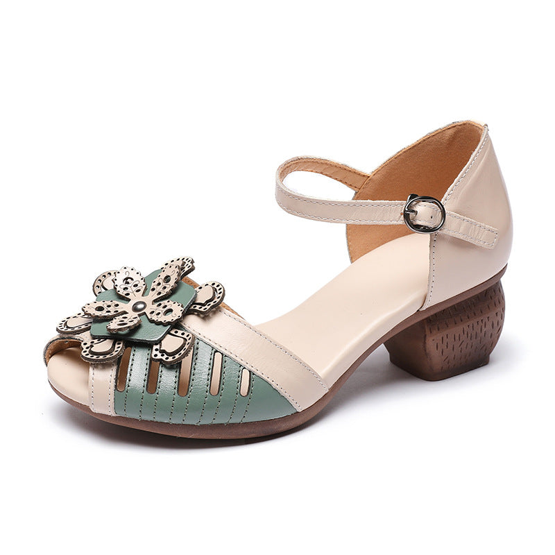 Women's Layer Cowhide Hollow Fish Mouth Strap Heels