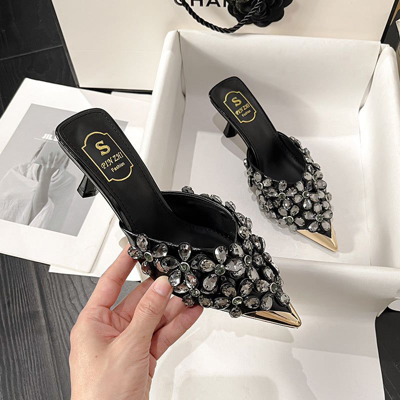 Women's Pointed Toe Cap Half High Fashionable Beaded Heels