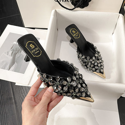 Women's Pointed Toe Cap Half High Fashionable Beaded Heels