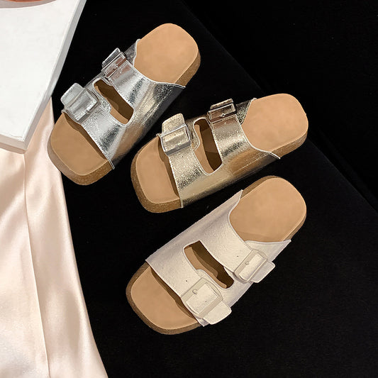 Women's Cowhide Version Mini Vintage Buckle Platform Slippers