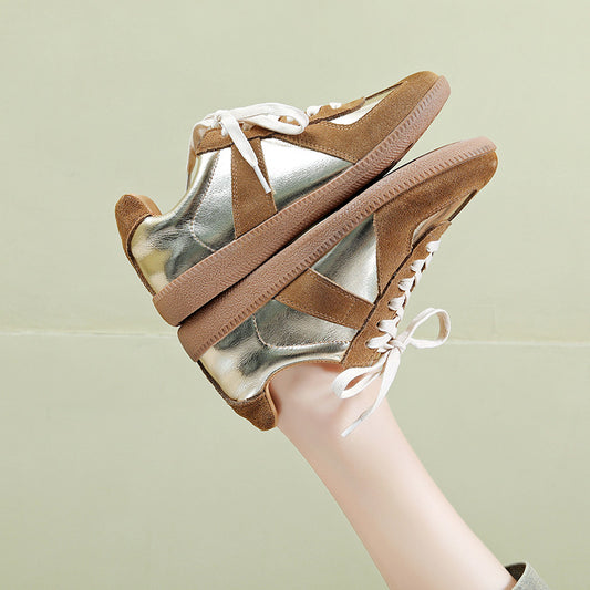 Women's Vintage Genuine Gold Sier Flat German Training Low Top Sneakers