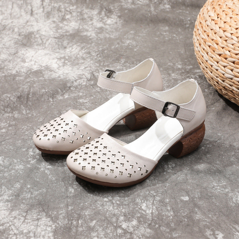 Women's Summer Thick Mid Top Layer Soft Cowhide Hollow Heels