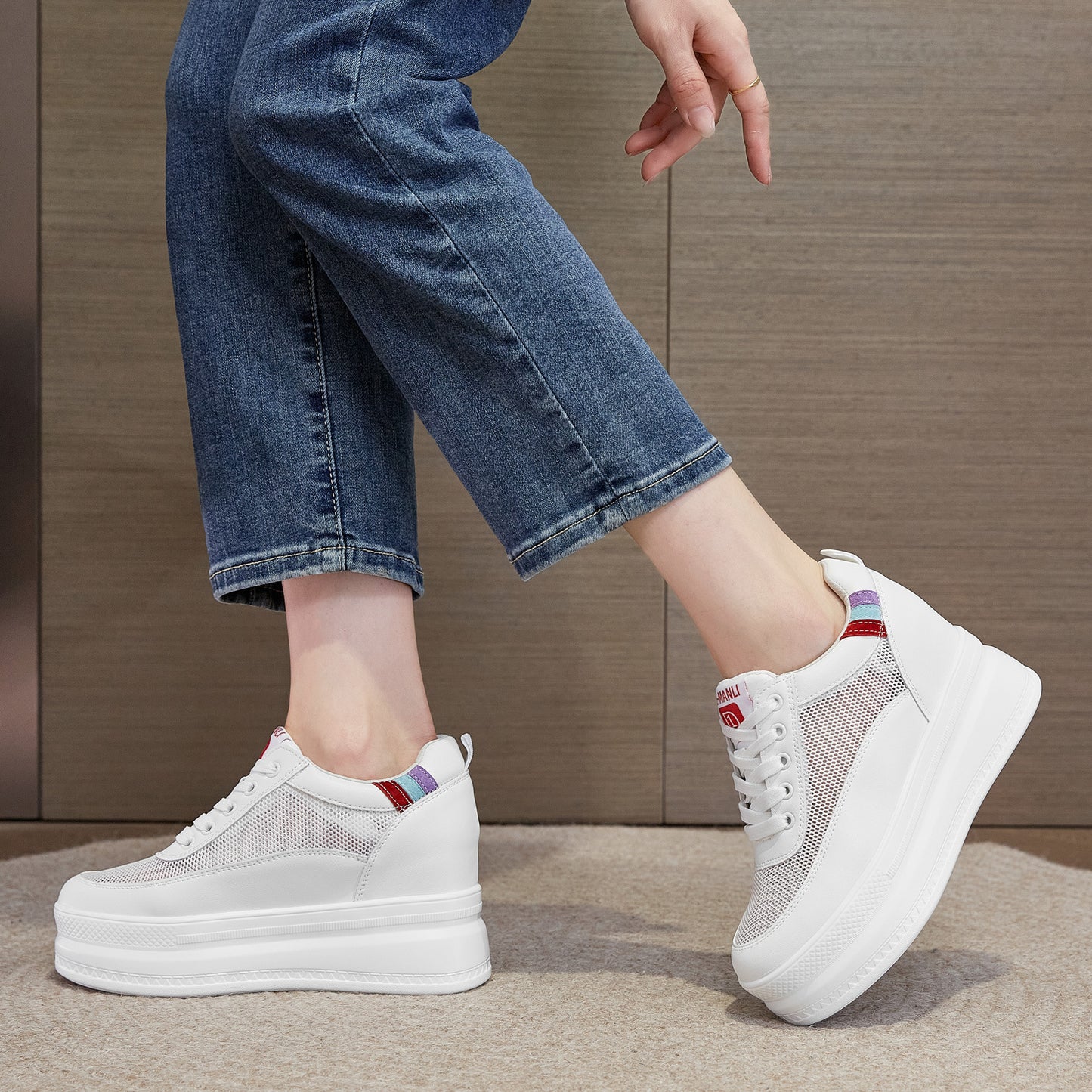 Women's White Height Increasing Insole Platform Versatile Casual Shoes