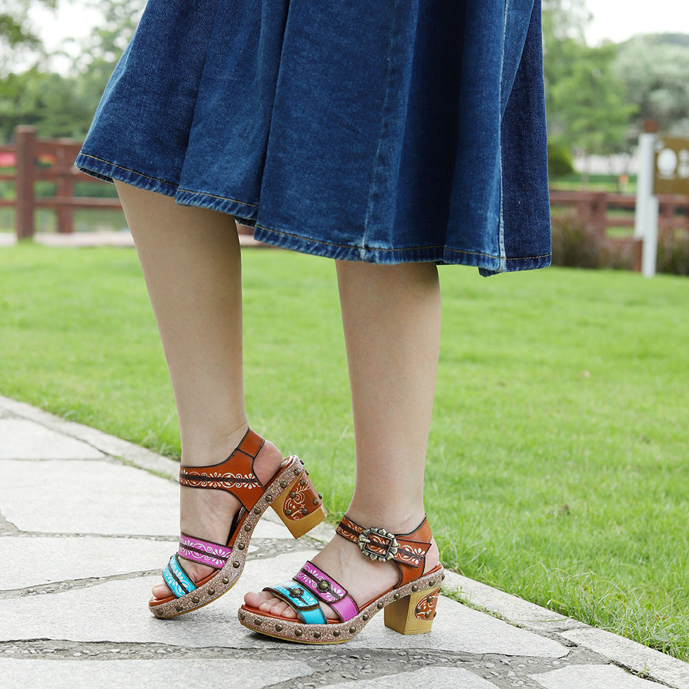 Color Retro Rivet Contrast Comfortable Chunky Heels