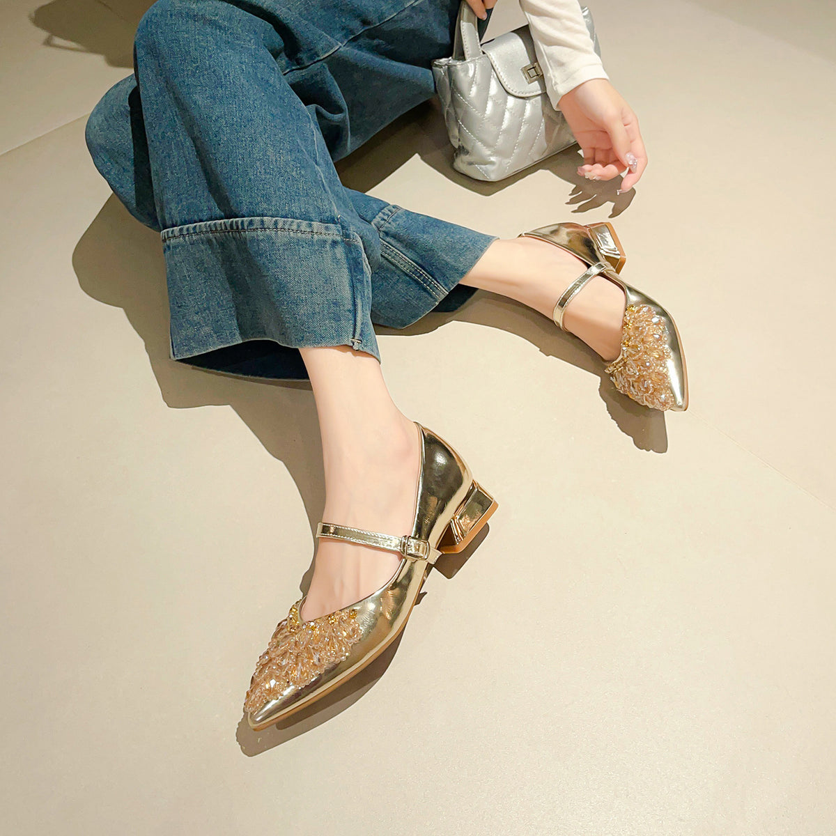 Women's Pointed Toe Mid Fairy Handmade Beaded Shallow Mouth Mary Women's Fashion Shoes