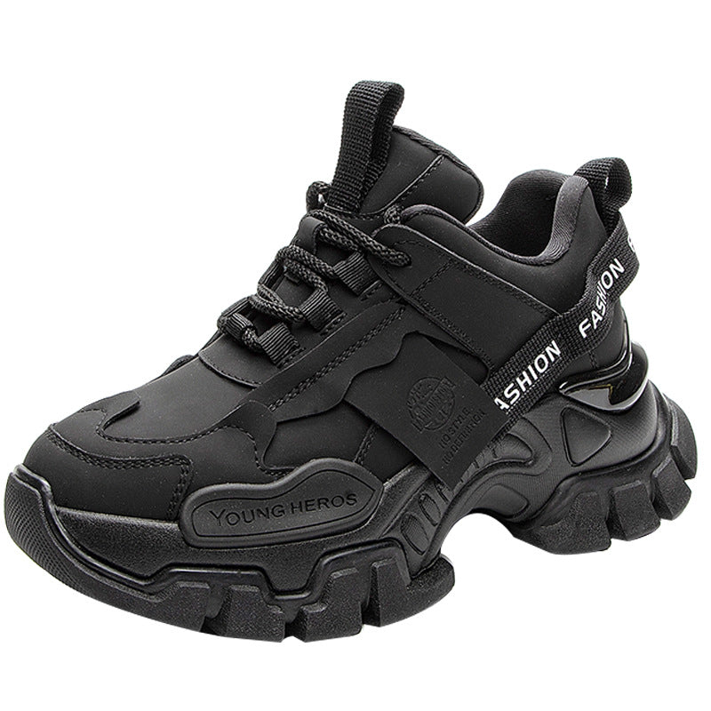 Women's Autumn Fashionable Thick-soled Black Genuine Height Sneakers