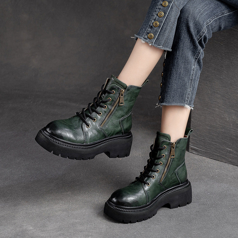 Women's & Men's Thick-soled British Style Ankle Top Layer Cowhide Boots