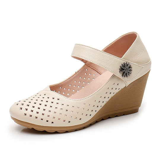 Women's High Wedge Cowhide Soft Bottom Cutout Breathable Sandals