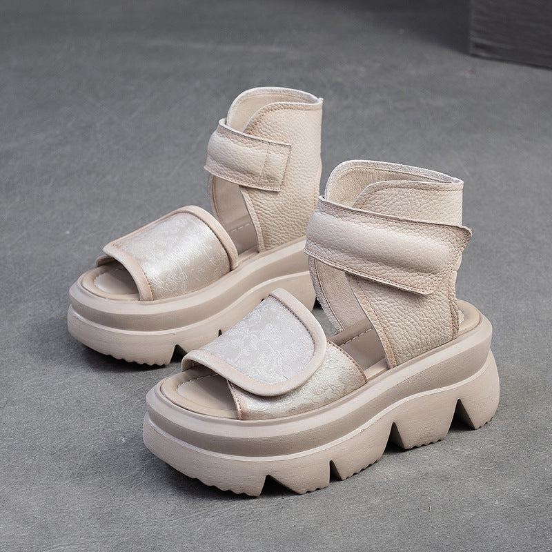 Women's Cowhide Summer Platform Hollow Breathable National Style Fish Sandals